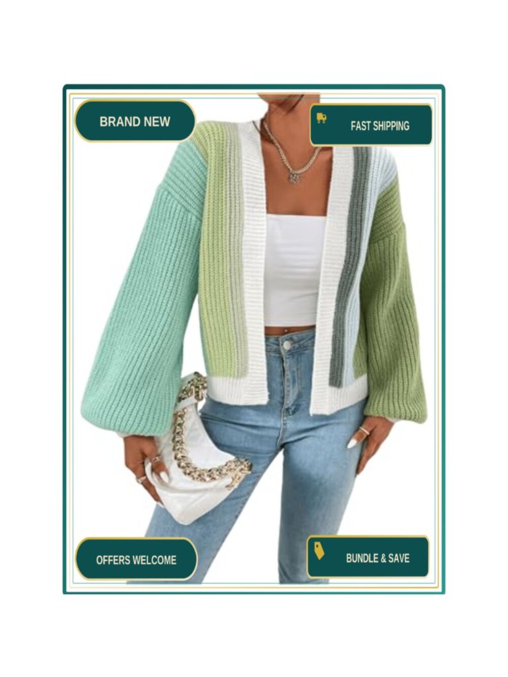 Cropped Color Block Open Front Ribbed Knit Cardigan Long Sleeve - Picture 4 of 6